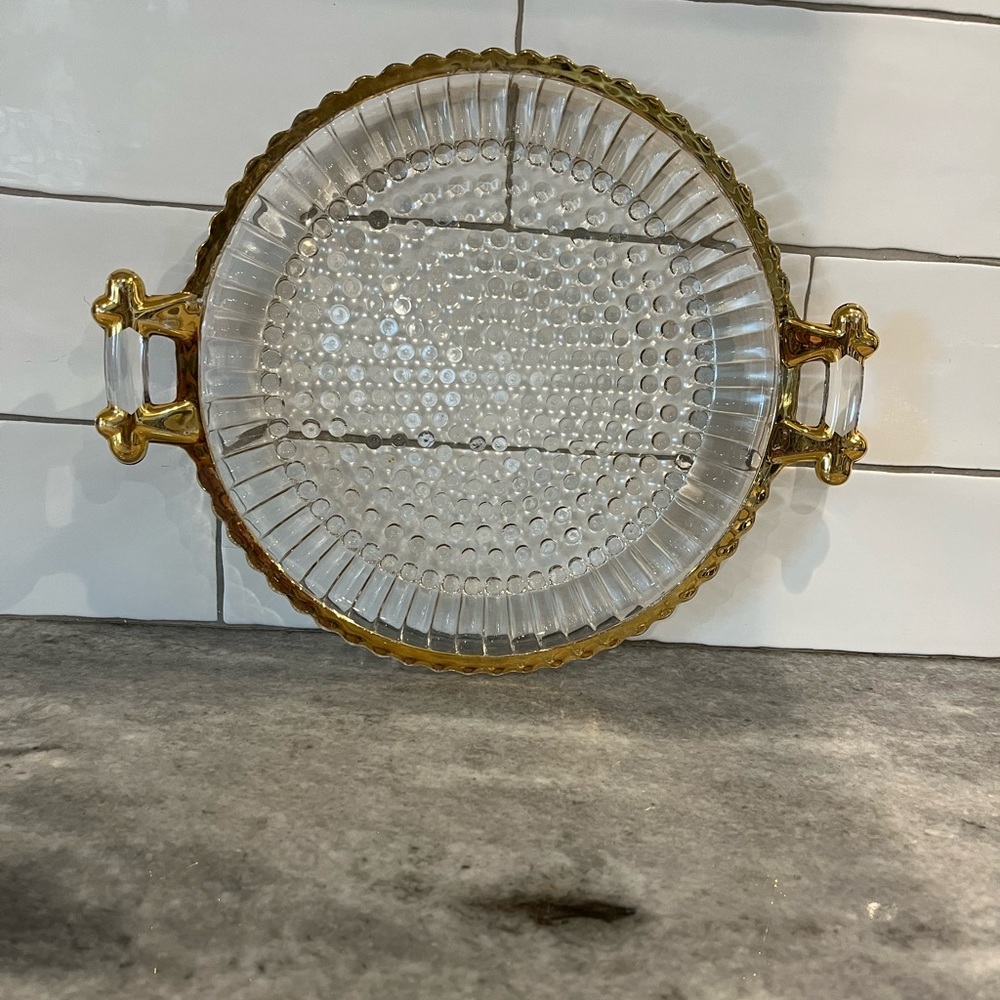 Vintage Hobnail  Glass Serving Tray with Gold Handles